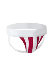 Red and white striped cotton knit jockstrap with white elastic waistband from fizx james for athletic support