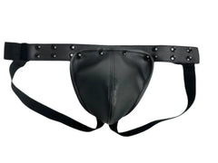Black leather thong jockstrap with silver studs along the waistband and removable pouch front view