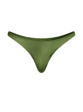 Olive green satin fizx rayon thong with smooth glossy finish and minimalistic design