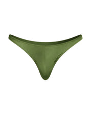 Olive green satin fizx rayon thong with smooth glossy finish and minimalistic design