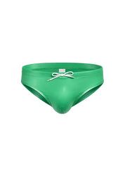Vibrant green glossy faux leather swim trunks with white drawstring bow from Fizx Swim Bikini with removable push pad