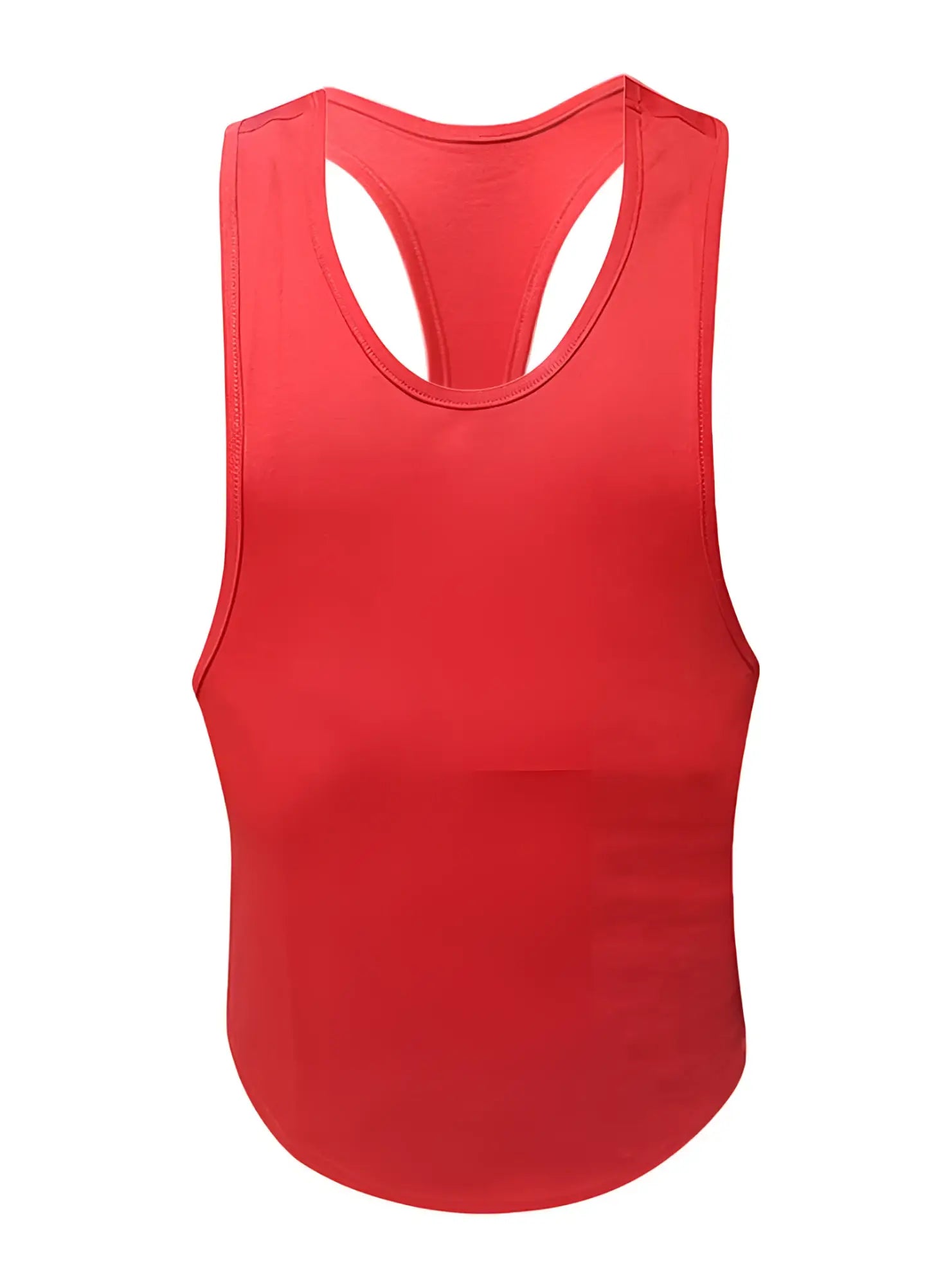 A vibrant red fizx tank top with smooth form-fitting fabric and a curved hemline shown from the back side