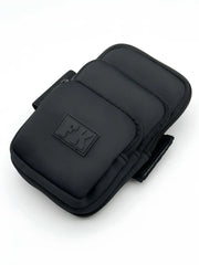 Black fk-branded neoprene wristlet with three zippered compartments and a sleek minimalist design for sports use