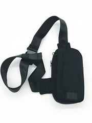 Black nylon FK sport crossbody bag with adjustable strap and zipper closure for hands-free carrying