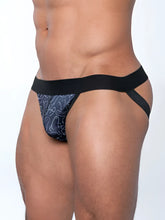 Black and navy blue FK SPORT briefs with white penis print line drawing pattern for athletic use