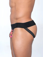 Fk sport radical jock featuring black elastic waistband and straps with vibrant pink orange and black geometric pouch