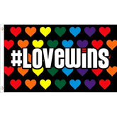 Black flag with rainbow hearts and bold white text love wins for pride and equality celebration displays