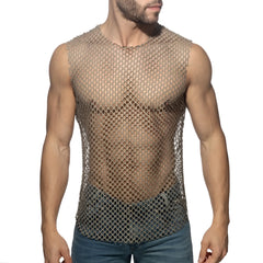 Flamboyant tank top metallic chainmail sleeveless with tight diamond patterned mesh design in silver tone