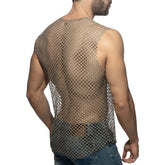Flamboyant tank top metallic mesh with diamond-patterned design and subtle sheen in silver color