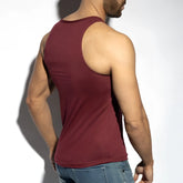 A maroon sleeveless flame tank top with a simple round neckline and ribbed hem perfect for casual wear