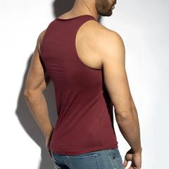 A maroon sleeveless flame tank top with a simple round neckline and ribbed hem perfect for casual wear