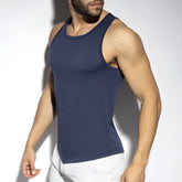 Navy blue ribbed cotton flame tank top featuring a sleeveless design for casual and active wear