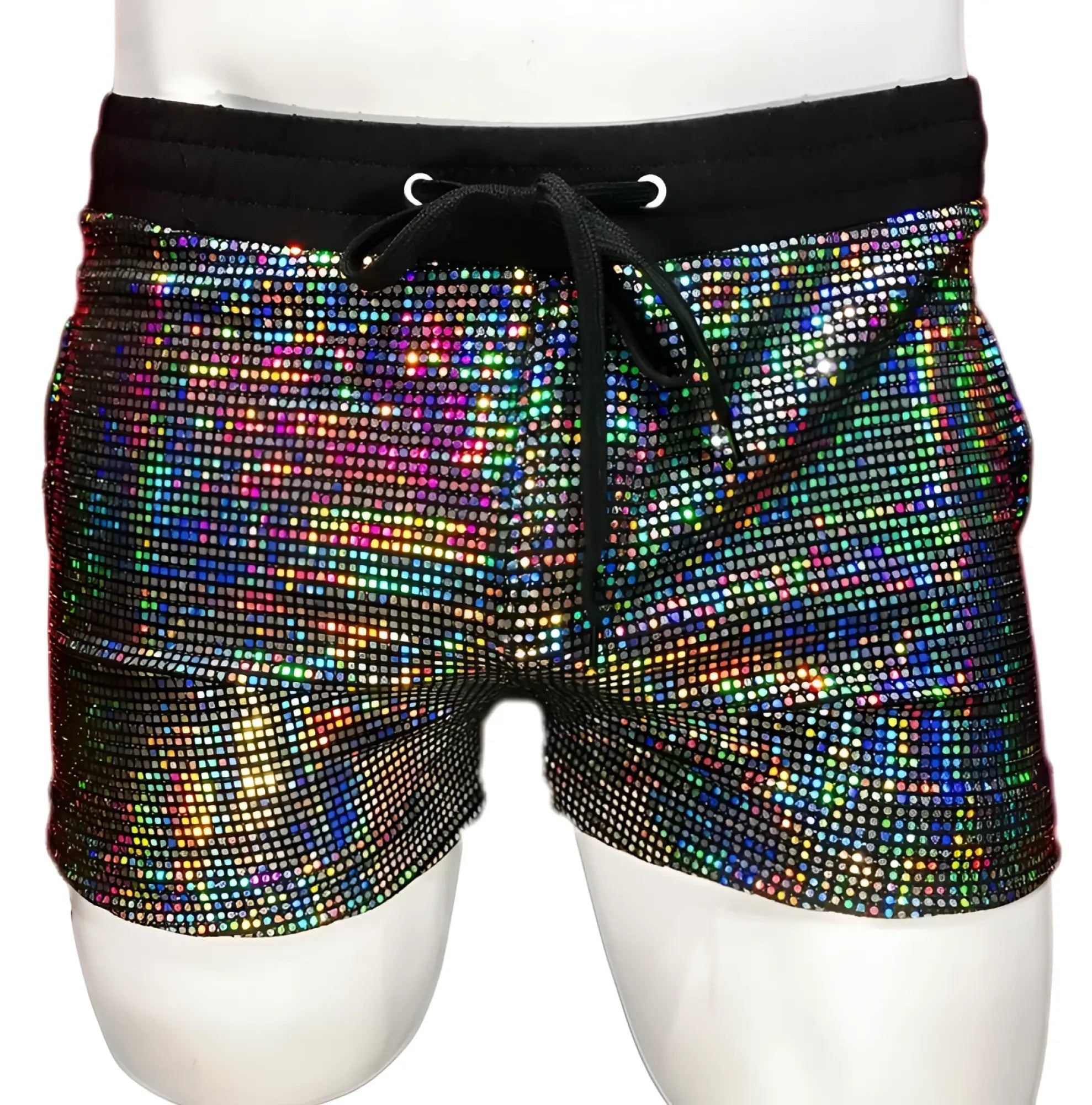 Iridescent flat sequin shorts with black elastic waistband and drawstring for a stylish and comfortable fit