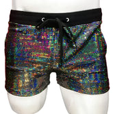 Iridescent flat sequin shorts with black elastic waistband and drawstring for a stylish and comfortable fit