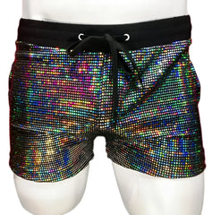 Iridescent flat sequin shorts with black elastic waistband and drawstring for a stylish and comfortable fit
