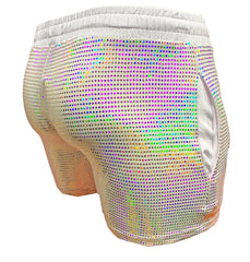 Iridescent flat sequin shorts with a mesh base and elastic waistband for a stylish and comfortable fit