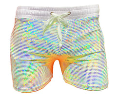 Flat sequin short iridescent sequined swim shorts with white elastic waistband and matching drawstring