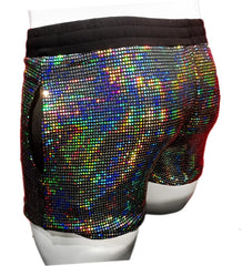 Shiny flat sequin shorts with rainbow hues and a black elastic waistband perfect for festive occasions
