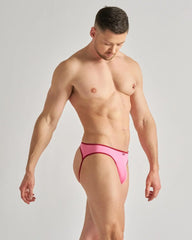 Bright pink flaunt jockstrap briefs with contrasting dark red trim and form-fitting design for bold style
