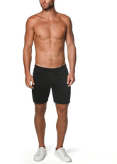 Black fleece flex-cotton stretch shorts with drawstring waistband for comfortable everyday wear