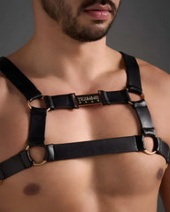Black leather flex harness with gold metal rings and a central plaque engraved teamb play