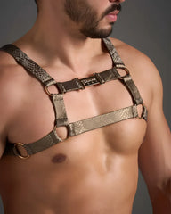 Flex harness taupe snakeskin-patterned harness with gold-toned metal rings and branded buckle