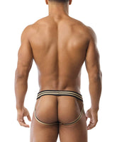 Black and beige striped flip it jockstrap with a snug athletic fit designed for comfort and support