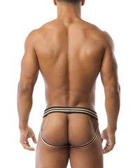 Black and beige striped flip it jockstrap with a snug athletic fit designed for comfort and support
