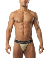 Gold mesh flip it jockstrap briefs with black waistband featuring nastypig branding