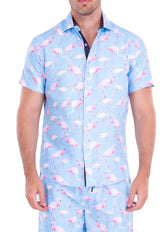 Light blue flocktail hour short-sleeved button-up shirt with pink flamingo pattern perfect for casual wear