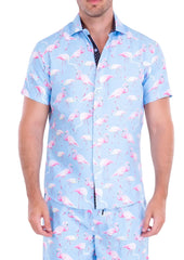 Light blue flocktail hour short-sleeved button-up shirt with pink flamingo pattern perfect for casual wear