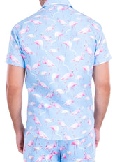 Light blue short-sleeved flocktail hour s s shirt with playful pink flamingo pattern perfect for casual wear