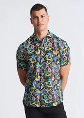 A vibrant floral lightweight linen tencel short-sleeved button-up shirt with multicolored pattern on dark background