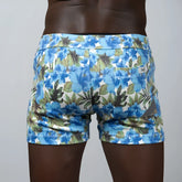 Floral print linen texture shorts with blue and green floral pattern and textured fabric for casual summer wear