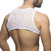 White floral lace harness tank top featuring delicate lace material and a floral design for stylish wear