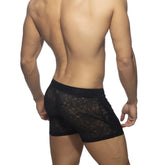 Black lace boxer briefs with an intricate geometric pattern from the flowery lace short collection