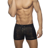 Black lace boxer briefs with drawstring waistband featured in flowery lace short design
