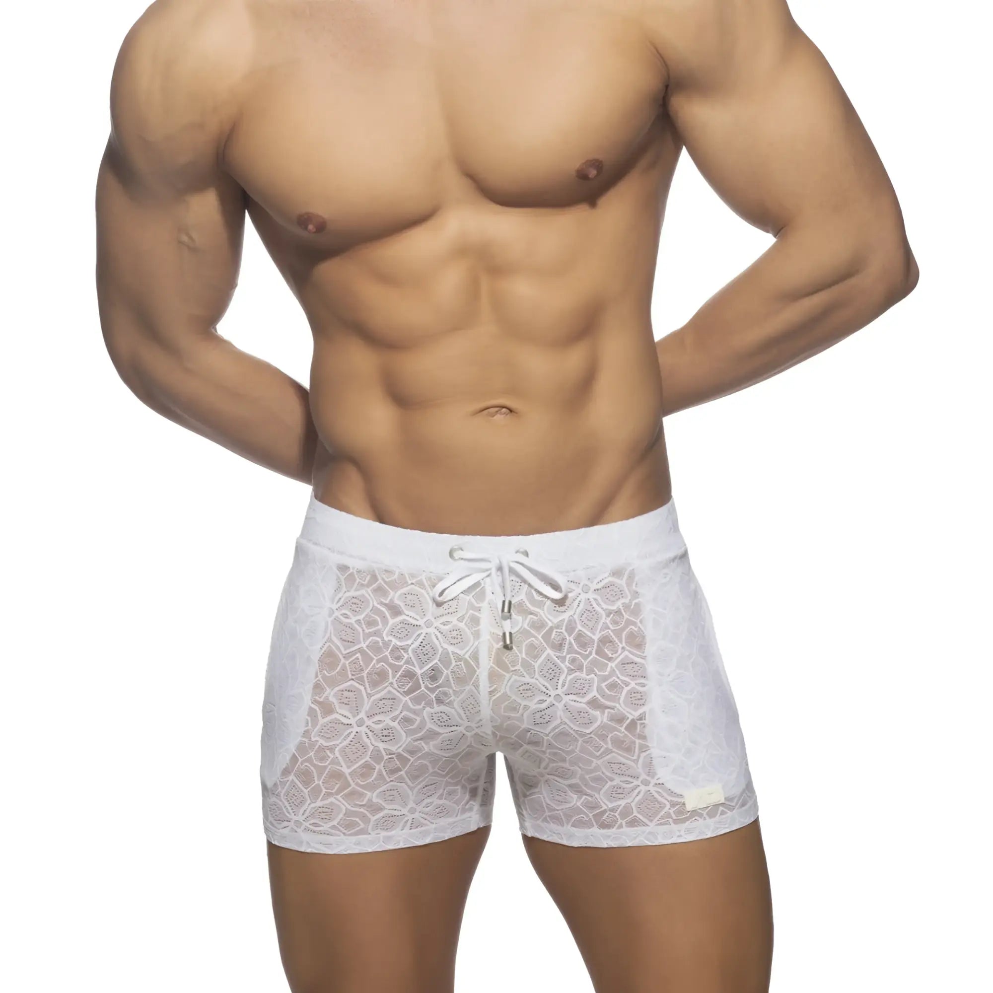 White lace-trimmed men’s briefs with floral pattern and drawstring waistband in flowery lace short design