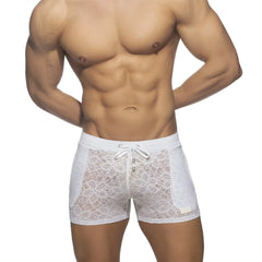 White lace-trimmed men’s briefs with floral pattern and drawstring waistband in flowery lace short design