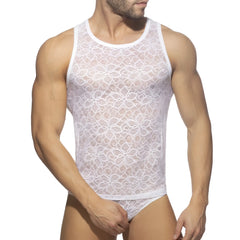 White floral lace men’s tank top flowery lace tank featuring delicate lace detailing and floral patterns