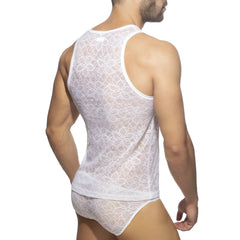White lace tank top with floral pattern and matching briefs in delicate lace fabric for feminine lingerie set