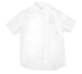 A crisp white fly linen shirt with short sleeves classic collar and subtle texture perfect for casual wear