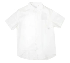 A crisp white fly linen shirt with short sleeves classic collar and subtle texture perfect for casual wear