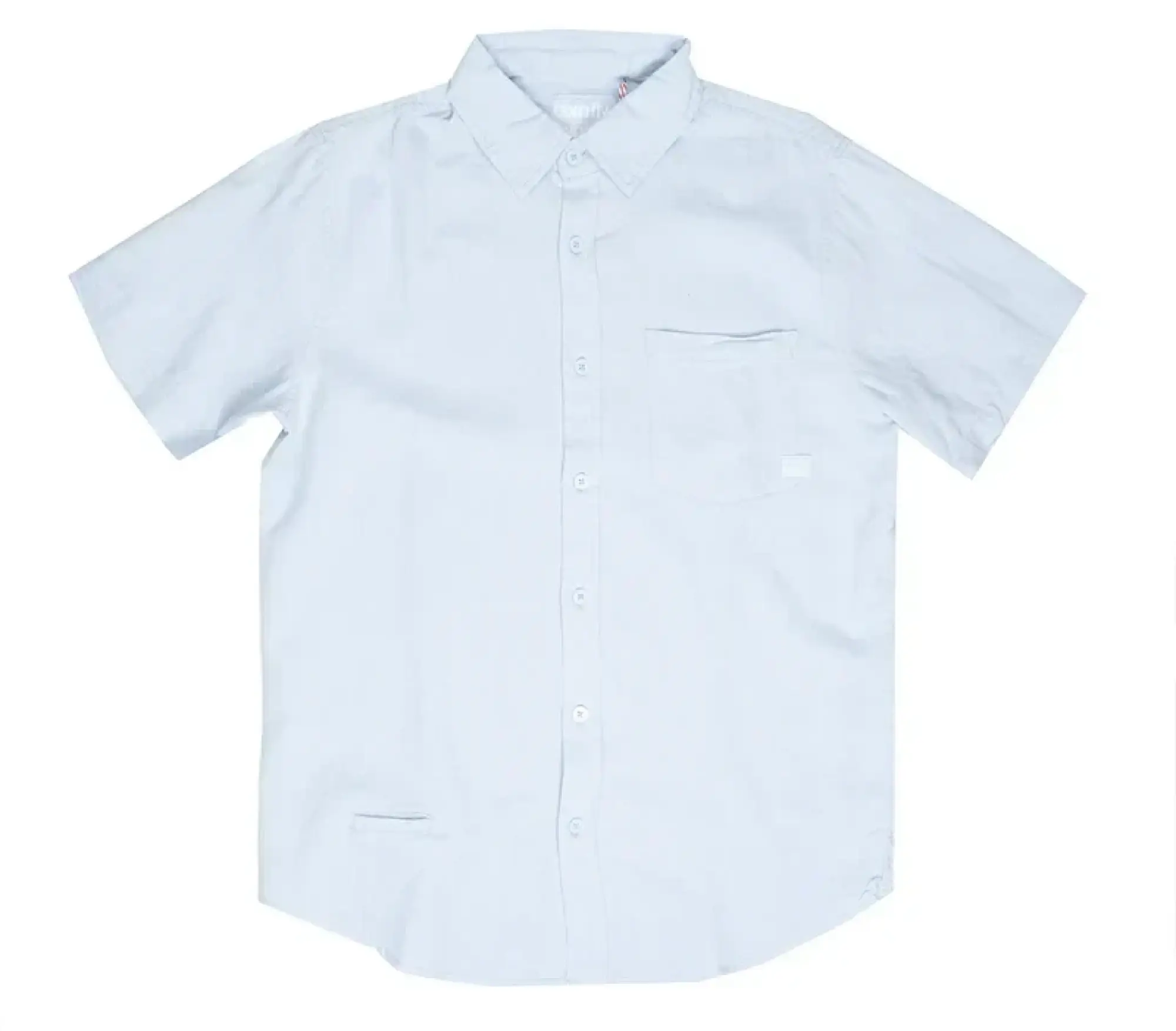 A crisp white short-sleeved fly linen shirt with a classic collar and chest pocket made from breathable fabric