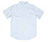 A crisp white short-sleeved fly linen shirt with a classic collar and chest pocket made from breathable fabric