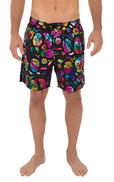 Black foil swim short featuring multicolored sugar skull and floral pattern swim trunks for men