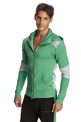 Form-fit crossover yoga track performance hoodie with green zip-up and gray panel accents made from bamboo fabric