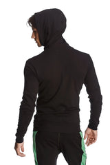 Black form-fit crossover yoga track performance hoodie back view with hood long sleeves and subtle seam detail