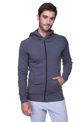 Dark gray heathered form-fit crossover yoga track performance hoodie with black zipper and front pockets in charcoal