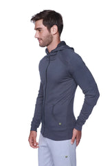 Dark gray heathered form-fit crossover yoga track performance hoodie with subtle textured fabric and matching drawstring hood
